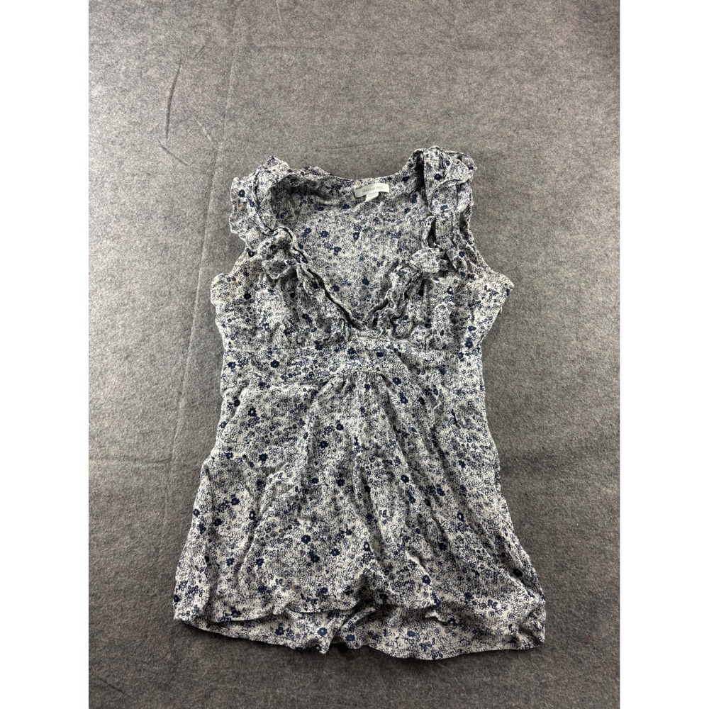 Garnet Hill Blue White Floral Ruffle V-Neck Top Size 2 Cottagecore Boho Peasant